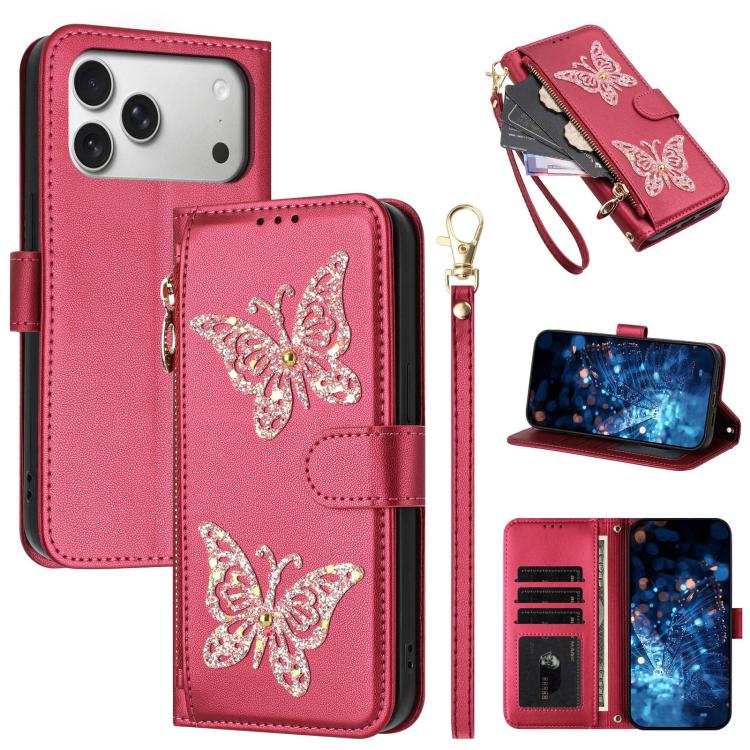 Custodia per telefono in ecopelle con cerniera e cinturino da polso, motivo farfalla glitterata, con cinturino da polso., For iPhone 17e / 16e, For iPhone 17 Pro Max, For iPhone 17 Pro, For iPhone 17