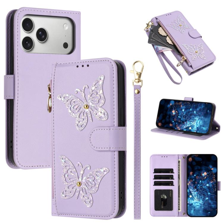 Custodia per telefono in ecopelle con cerniera e cinturino da polso, motivo farfalla glitterata, con cinturino da polso., For iPhone 17e / 16e, For iPhone 17 Pro Max, For iPhone 17 Pro, For iPhone 17