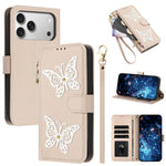 Custodia per telefono in ecopelle con cerniera e cinturino da polso, motivo farfalla glitterata, con cinturino da polso., For iPhone 17e / 16e, For iPhone 17 Pro Max, For iPhone 17 Pro, For iPhone 17