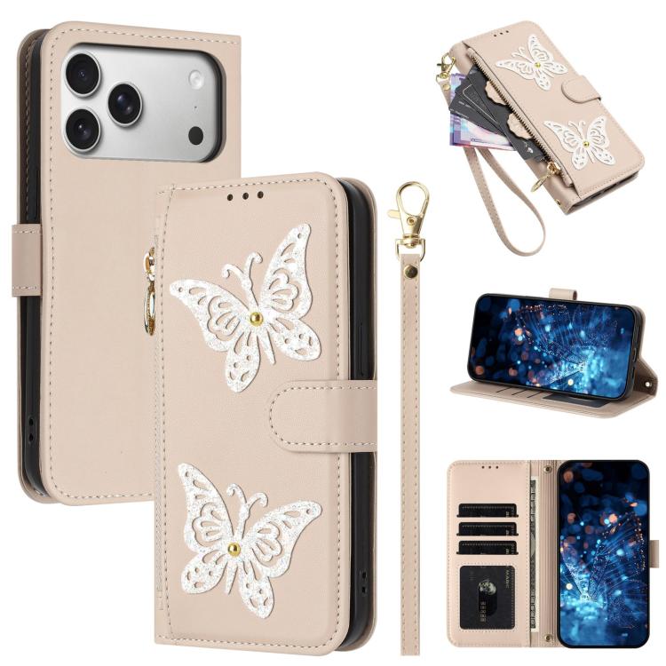 Custodia per telefono in ecopelle con cerniera e cinturino da polso, motivo farfalla glitterata, con cinturino da polso., For iPhone 17e / 16e, For iPhone 17 Pro Max, For iPhone 17 Pro, For iPhone 17