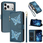 Custodia per telefono in ecopelle con cerniera e cinturino da polso, motivo farfalla glitterata, con cinturino da polso., For iPhone 17e / 16e, For iPhone 17 Pro Max, For iPhone 17 Pro, For iPhone 17