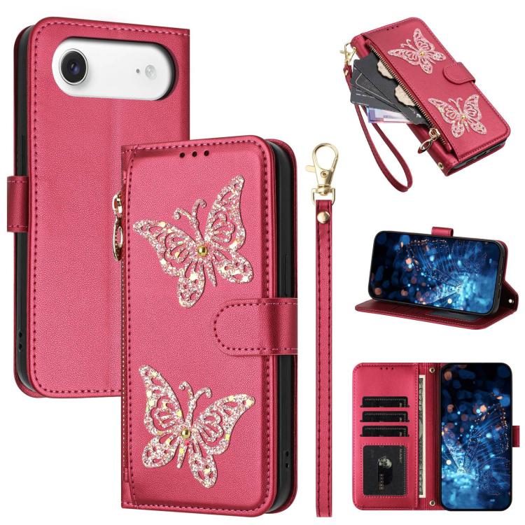 Custodia per telefono in ecopelle con cerniera e cinturino da polso, motivo farfalla glitterata, con cinturino da polso., For iPhone Air, For iPhone 16 Pro Max, For iPhone 16 Pro, For iPhone 16 Plus