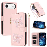 Custodia per telefono in ecopelle con cerniera e cinturino da polso, motivo farfalla glitterata, con cinturino da polso., For iPhone Air, For iPhone 16 Pro Max, For iPhone 16 Pro, For iPhone 16 Plus