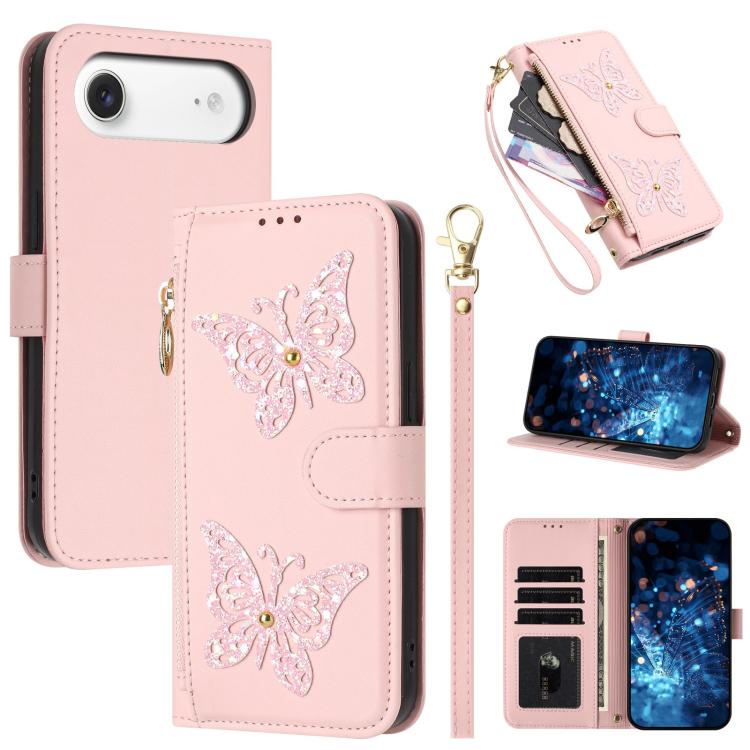 Custodia per telefono in ecopelle con cerniera e cinturino da polso, motivo farfalla glitterata, con cinturino da polso., For iPhone Air, For iPhone 16 Pro Max, For iPhone 16 Pro, For iPhone 16 Plus