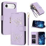 Custodia per telefono in ecopelle con cerniera e cinturino da polso, motivo farfalla glitterata, con cinturino da polso., For iPhone Air, For iPhone 16 Pro Max, For iPhone 16 Pro, For iPhone 16 Plus