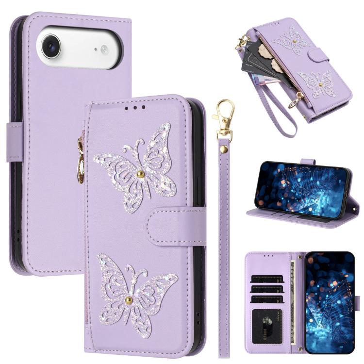 Custodia per telefono in ecopelle con cerniera e cinturino da polso, motivo farfalla glitterata, con cinturino da polso., For iPhone Air, For iPhone 16 Pro Max, For iPhone 16 Pro, For iPhone 16 Plus