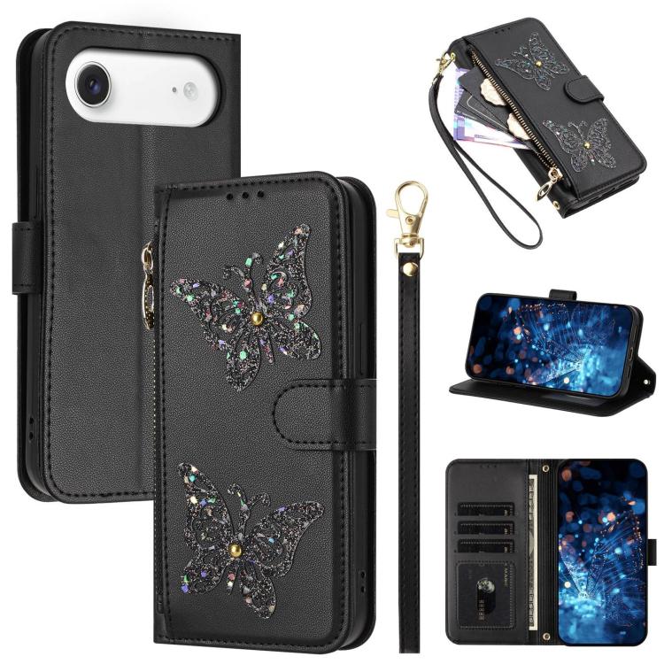 Custodia per telefono in ecopelle con cerniera e cinturino da polso, motivo farfalla glitterata, con cinturino da polso., For iPhone Air, For iPhone 16 Pro Max, For iPhone 16 Pro, For iPhone 16 Plus