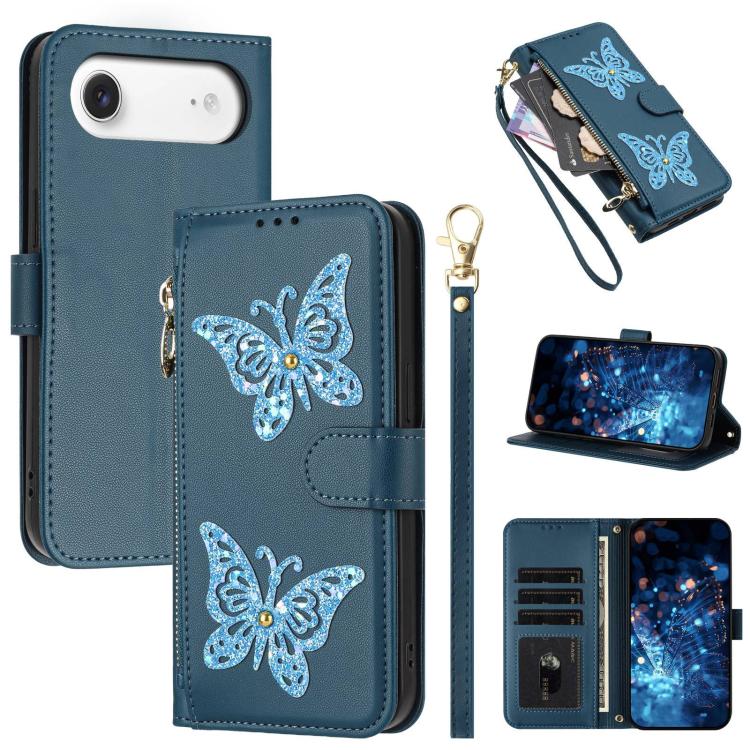 Custodia per telefono in ecopelle con cerniera e cinturino da polso, motivo farfalla glitterata, con cinturino da polso., For iPhone Air, For iPhone 16 Pro Max, For iPhone 16 Pro, For iPhone 16 Plus