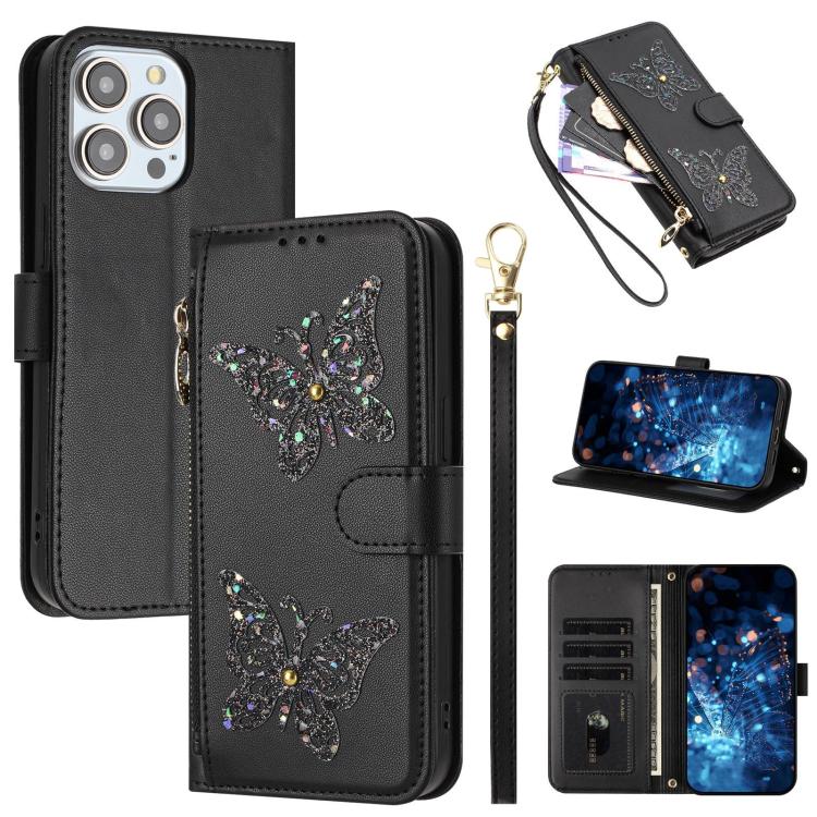 Custodia per telefono in ecopelle con cerniera e cinturino da polso, motivo farfalla glitterata, con cinturino da polso., For iPhone Air, For iPhone 16 Pro Max, For iPhone 16 Pro, For iPhone 16 Plus
