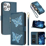 Custodia per telefono in ecopelle con cerniera e cinturino da polso, motivo farfalla glitterata, con cinturino da polso., For iPhone Air, For iPhone 16 Pro Max, For iPhone 16 Pro, For iPhone 16 Plus