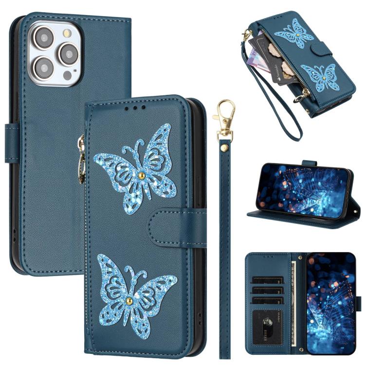 Custodia per telefono in ecopelle con cerniera e cinturino da polso, motivo farfalla glitterata, con cinturino da polso., For iPhone Air, For iPhone 16 Pro Max, For iPhone 16 Pro, For iPhone 16 Plus