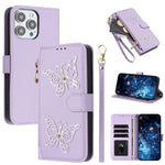 Custodia per telefono in ecopelle con cerniera e cinturino da polso, motivo farfalla glitterata, con cinturino da polso., For iPhone Air, For iPhone 16 Pro Max, For iPhone 16 Pro, For iPhone 16 Plus