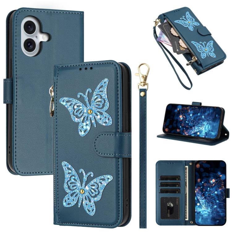 Custodia per telefono in ecopelle con cerniera e cinturino da polso, motivo farfalla glitterata, con cinturino da polso., For iPhone 16, For iPhone 15 Pro Max, For iPhone 15 Pro, For iPhone 15 Plus / 14 Plus