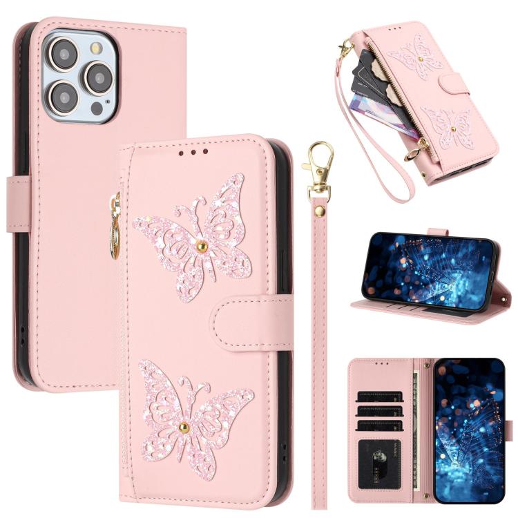 Custodia per telefono in ecopelle con cerniera e cinturino da polso, motivo farfalla glitterata, con cinturino da polso., For iPhone 16, For iPhone 15 Pro Max, For iPhone 15 Pro, For iPhone 15 Plus / 14 Plus