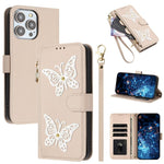 Custodia per telefono in ecopelle con cerniera e cinturino da polso, motivo farfalla glitterata, con cinturino da polso., For iPhone 16, For iPhone 15 Pro Max, For iPhone 15 Pro, For iPhone 15 Plus / 14 Plus
