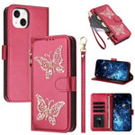 Custodia per telefono in ecopelle con cerniera e cinturino da polso, motivo farfalla glitterata, con cinturino da polso., For iPhone 16, For iPhone 15 Pro Max, For iPhone 15 Pro, For iPhone 15 Plus / 14 Plus