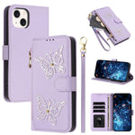 Custodia per telefono in ecopelle con cerniera e cinturino da polso, motivo farfalla glitterata, con cinturino da polso., For iPhone 16, For iPhone 15 Pro Max, For iPhone 15 Pro, For iPhone 15 Plus / 14 Plus