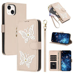 Custodia per telefono in ecopelle con cerniera e cinturino da polso, motivo farfalla glitterata, con cinturino da polso., For iPhone 16, For iPhone 15 Pro Max, For iPhone 15 Pro, For iPhone 15 Plus / 14 Plus