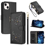 Custodia per telefono in ecopelle con cerniera e cinturino da polso, motivo farfalla glitterata, con cinturino da polso., For iPhone 16, For iPhone 15 Pro Max, For iPhone 15 Pro, For iPhone 15 Plus / 14 Plus