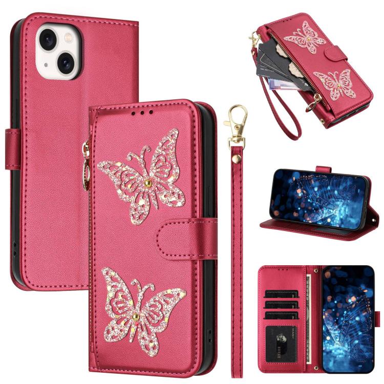 Custodia per telefono in ecopelle con cerniera e cinturino da polso, motivo farfalla glitterata, con cinturino da polso., For iPhone 15, For iPhone 14 / 13, For iPhone 14 Pro, For iPhone 14 Pro Max