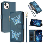 Custodia per telefono in ecopelle con cerniera e cinturino da polso, motivo farfalla glitterata, con cinturino da polso., For iPhone 15, For iPhone 14 / 13, For iPhone 14 Pro, For iPhone 14 Pro Max