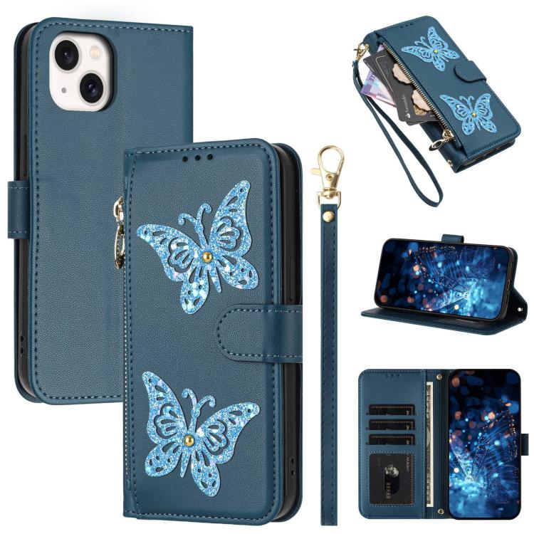 Custodia per telefono in ecopelle con cerniera e cinturino da polso, motivo farfalla glitterata, con cinturino da polso., For iPhone 15, For iPhone 14 / 13, For iPhone 14 Pro, For iPhone 14 Pro Max