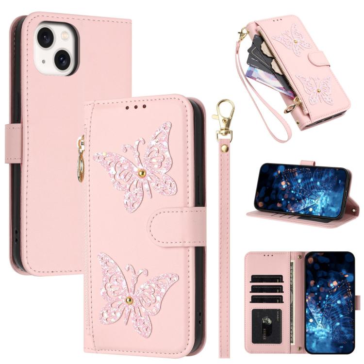 Custodia per telefono in ecopelle con cerniera e cinturino da polso, motivo farfalla glitterata, con cinturino da polso., For iPhone 15, For iPhone 14 / 13, For iPhone 14 Pro, For iPhone 14 Pro Max