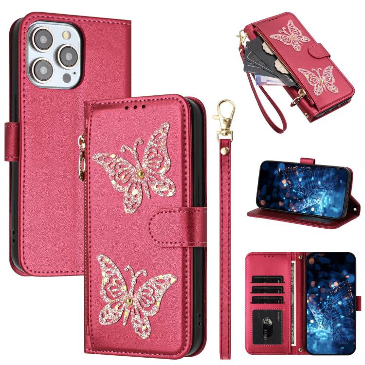 Custodia per telefono in ecopelle con cerniera e cinturino da polso, motivo farfalla glitterata, con cinturino da polso., For iPhone 15, For iPhone 14 / 13, For iPhone 14 Pro, For iPhone 14 Pro Max