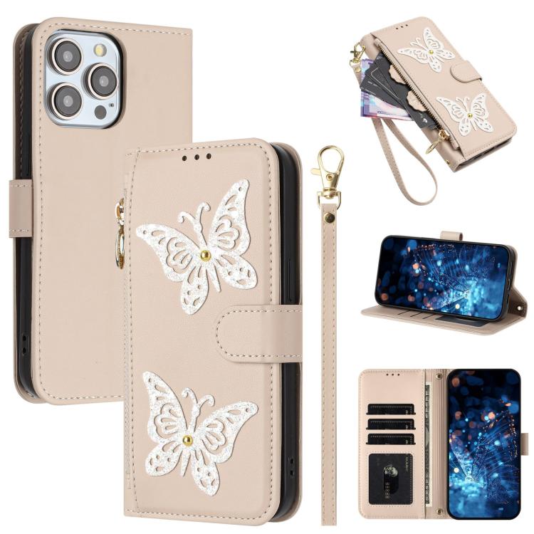 Custodia per telefono in ecopelle con cerniera e cinturino da polso, motivo farfalla glitterata, con cinturino da polso., For iPhone 13 Pro Max, For iPhone 13 Pro, For iPhone 12 / 12 Pro, For iPhone 12 Pro Max
