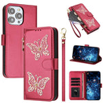 Custodia per telefono in ecopelle con cerniera e cinturino da polso, motivo farfalla glitterata, con cinturino da polso., For iPhone 13 Pro Max, For iPhone 13 Pro, For iPhone 12 / 12 Pro, For iPhone 12 Pro Max