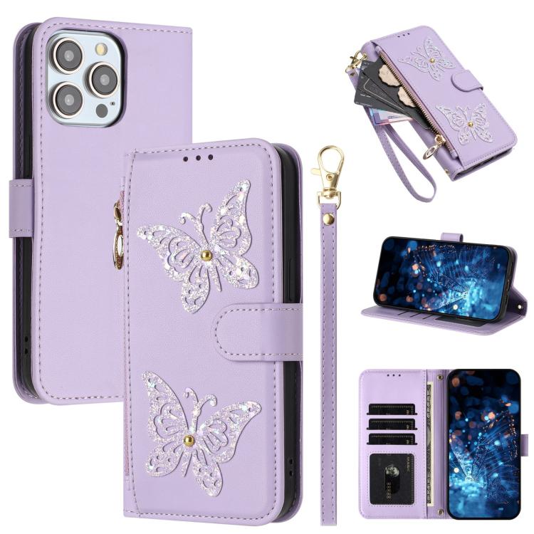 Custodia per telefono in ecopelle con cerniera e cinturino da polso, motivo farfalla glitterata, con cinturino da polso., For iPhone 13 Pro Max, For iPhone 13 Pro, For iPhone 12 / 12 Pro, For iPhone 12 Pro Max