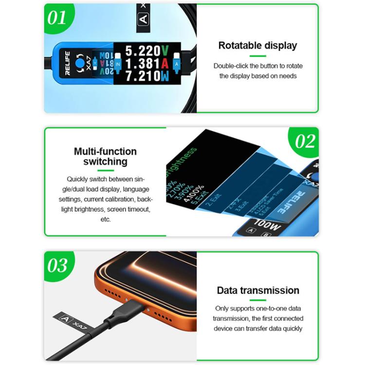RELIFE XA7 Cavo di ricarica rapida digitale da 1 a 2 con display Type-C da 100 W per iPhone/Android