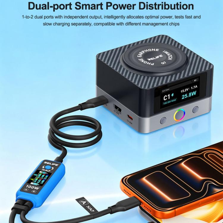 RELIFE XA7 Cavo di ricarica rapida digitale da 1 a 2 con display Type-C da 100 W per iPhone/Android