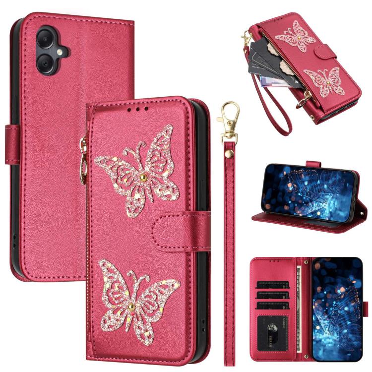 Custodia per telefono in ecopelle con cerniera e cinturino da polso, motivo farfalla glitterata, con cinturino da polso., For Galaxy A07 4G / A06 5G / A06 4G, For Galaxy A17 5G / A26 5G, For Galaxy A36 5G / A56 5G Global, For Galaxy A16 5G / 4G Global