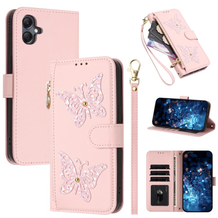 Custodia per telefono in ecopelle con cerniera e cinturino da polso, motivo farfalla glitterata, con cinturino da polso., For Galaxy A07 4G / A06 5G / A06 4G, For Galaxy A17 5G / A26 5G, For Galaxy A36 5G / A56 5G Global, For Galaxy A16 5G / 4G Global
