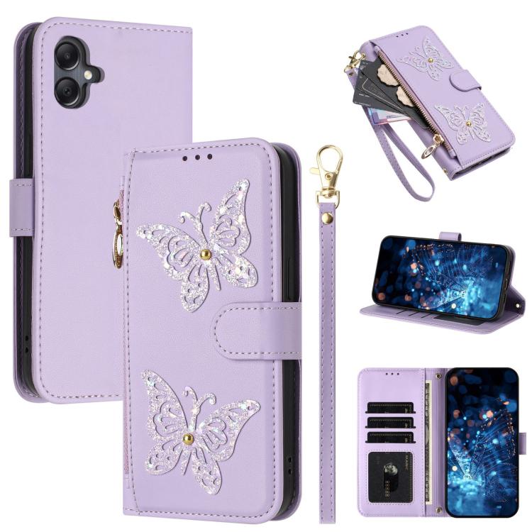Custodia per telefono in ecopelle con cerniera e cinturino da polso, motivo farfalla glitterata, con cinturino da polso., For Galaxy A07 4G / A06 5G / A06 4G, For Galaxy A17 5G / A26 5G, For Galaxy A36 5G / A56 5G Global, For Galaxy A16 5G / 4G Global