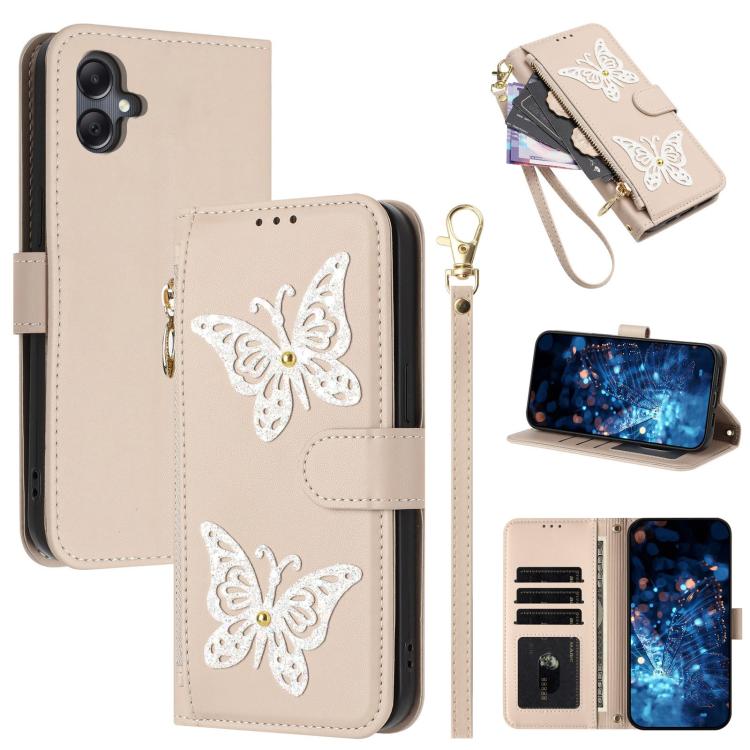 Custodia per telefono in ecopelle con cerniera e cinturino da polso, motivo farfalla glitterata, con cinturino da polso., For Galaxy A07 4G / A06 5G / A06 4G, For Galaxy A17 5G / A26 5G, For Galaxy A36 5G / A56 5G Global, For Galaxy A16 5G / 4G Global