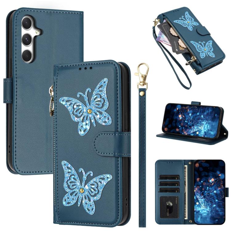 Custodia per telefono in ecopelle con cerniera e cinturino da polso, motivo farfalla glitterata, con cinturino da polso., For Galaxy A15 5G / 4G, For Galaxy A55 5G Global, For Galaxy A35 5G Global, For Galaxy A25 5G Global