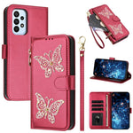 Custodia per telefono in ecopelle con cerniera e cinturino da polso, motivo farfalla glitterata, con cinturino da polso., For Galaxy A24 4G Global, For Galaxy A23 5G / 4G / M23 5G, For Galaxy A14 5G / 4G, For Galaxy A34 5G