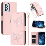 Custodia per telefono in ecopelle con cerniera e cinturino da polso, motivo farfalla glitterata, con cinturino da polso., For Galaxy A24 4G Global, For Galaxy A23 5G / 4G / M23 5G, For Galaxy A14 5G / 4G, For Galaxy A34 5G