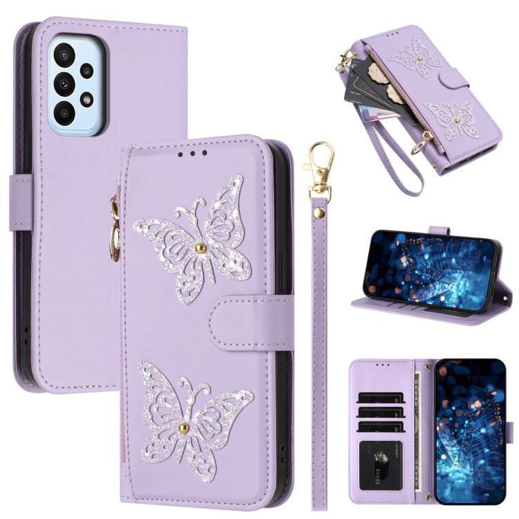 Custodia per telefono in ecopelle con cerniera e cinturino da polso, motivo farfalla glitterata, con cinturino da polso., For Galaxy A24 4G Global, For Galaxy A23 5G / 4G / M23 5G, For Galaxy A14 5G / 4G, For Galaxy A34 5G