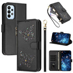 Custodia per telefono in ecopelle con cerniera e cinturino da polso, motivo farfalla glitterata, con cinturino da polso., For Galaxy A24 4G Global, For Galaxy A23 5G / 4G / M23 5G, For Galaxy A14 5G / 4G, For Galaxy A34 5G