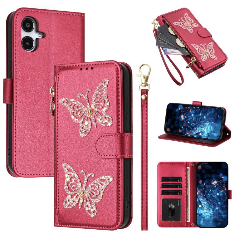 Custodia per telefono in ecopelle con cerniera e cinturino da polso, motivo farfalla glitterata, con cinturino da polso., For Galaxy A57 5G, For Galaxy A37 5G, For Galaxy A27 5G, For Galaxy A25e