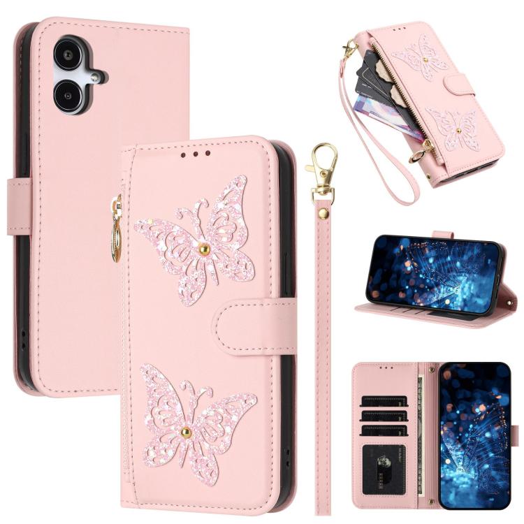 Custodia per telefono in ecopelle con cerniera e cinturino da polso, motivo farfalla glitterata, con cinturino da polso., For Galaxy A57 5G, For Galaxy A37 5G, For Galaxy A27 5G, For Galaxy A25e