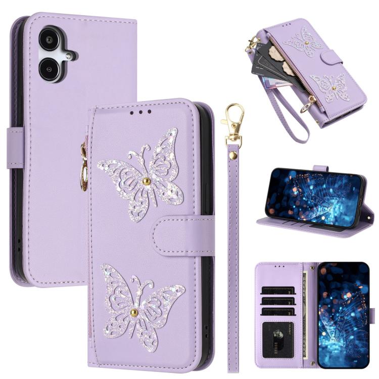 Custodia per telefono in ecopelle con cerniera e cinturino da polso, motivo farfalla glitterata, con cinturino da polso., For Galaxy A57 5G, For Galaxy A37 5G, For Galaxy A27 5G, For Galaxy A25e