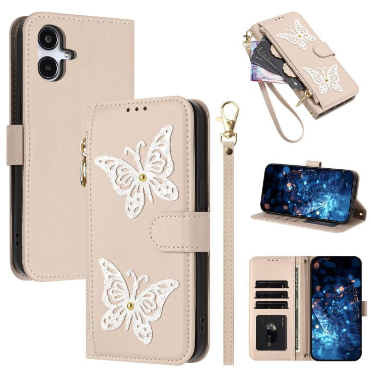 Custodia per telefono in ecopelle con cerniera e cinturino da polso, motivo farfalla glitterata, con cinturino da polso., For Galaxy A57 5G, For Galaxy A37 5G, For Galaxy A27 5G, For Galaxy A25e