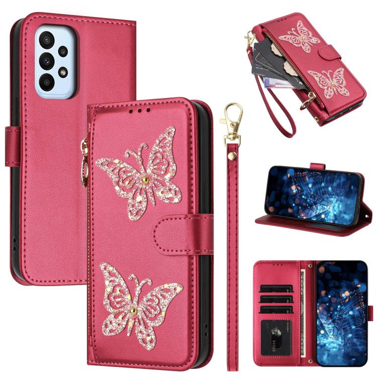 Custodia per telefono in ecopelle con cerniera e cinturino da polso, motivo farfalla glitterata, con cinturino da polso., For Galaxy A54 5G, For Galaxy A53 5G, For Galaxy A33 5G