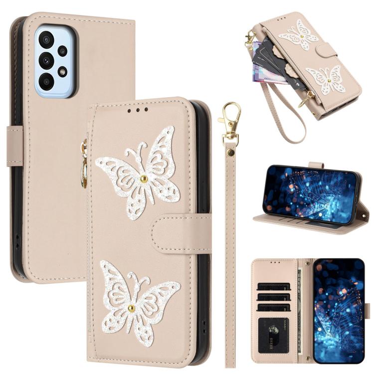 Custodia per telefono in ecopelle con cerniera e cinturino da polso, motivo farfalla glitterata, con cinturino da polso., For Galaxy A54 5G, For Galaxy A53 5G, For Galaxy A33 5G