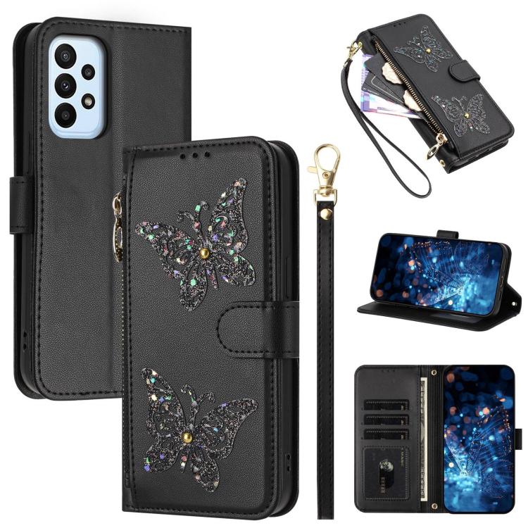Custodia per telefono in ecopelle con cerniera e cinturino da polso, motivo farfalla glitterata, con cinturino da polso., For Galaxy A54 5G, For Galaxy A53 5G, For Galaxy A33 5G
