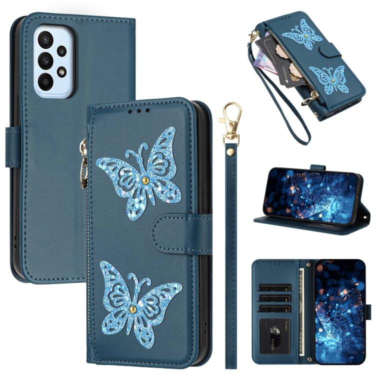 Custodia per telefono in ecopelle con cerniera e cinturino da polso, motivo farfalla glitterata, con cinturino da polso., For Galaxy A54 5G, For Galaxy A53 5G, For Galaxy A33 5G